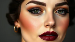 Close-up of a woman's face wearing 1920s-style makeup with heavily kohl-lined eyes, dark burgundy lipstick in a cupid's bow shape, pale porcelain complexion, and thin arched eyebrows, professional studio lighting, vintage aesthetic