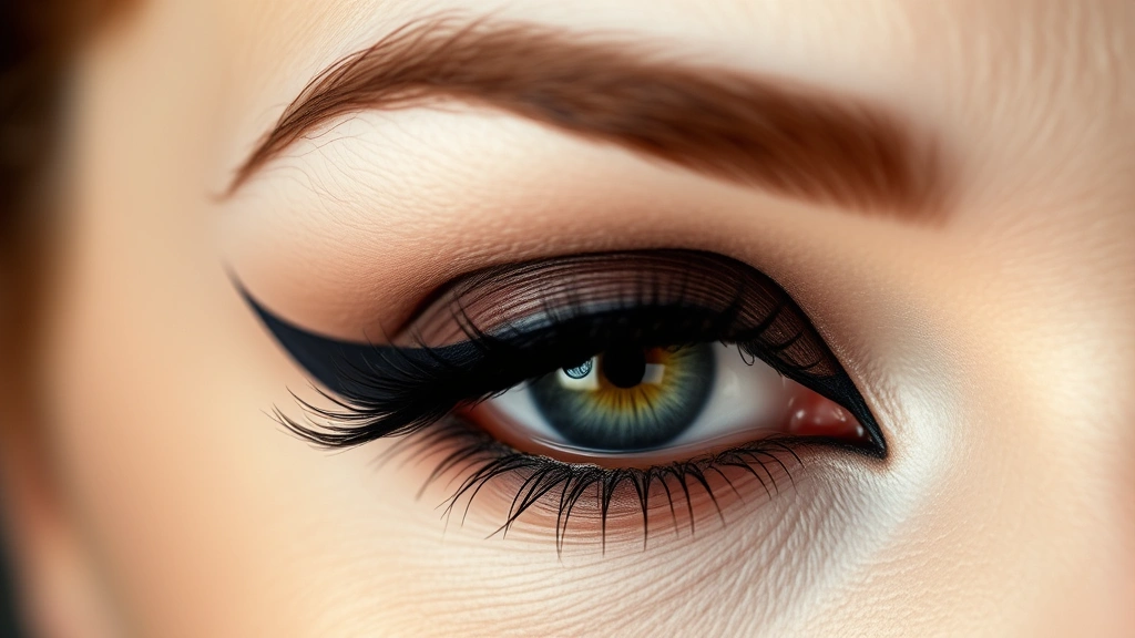 Woman's eye in extreme close-up showing authentic 1920s makeup application with thick black kohl eyeliner on upper and lower lids, dark eyeshadow in crease, multiple mascara coats creating dramatic lashes, porcelain skin tone
