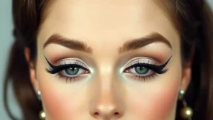 Close-up of dramatic 1960s mod eye makeup featuring sharp black graphic eyeliner wings, pale eyeshadow, and perfectly groomed eyebrows on flawless skin with natural complexion