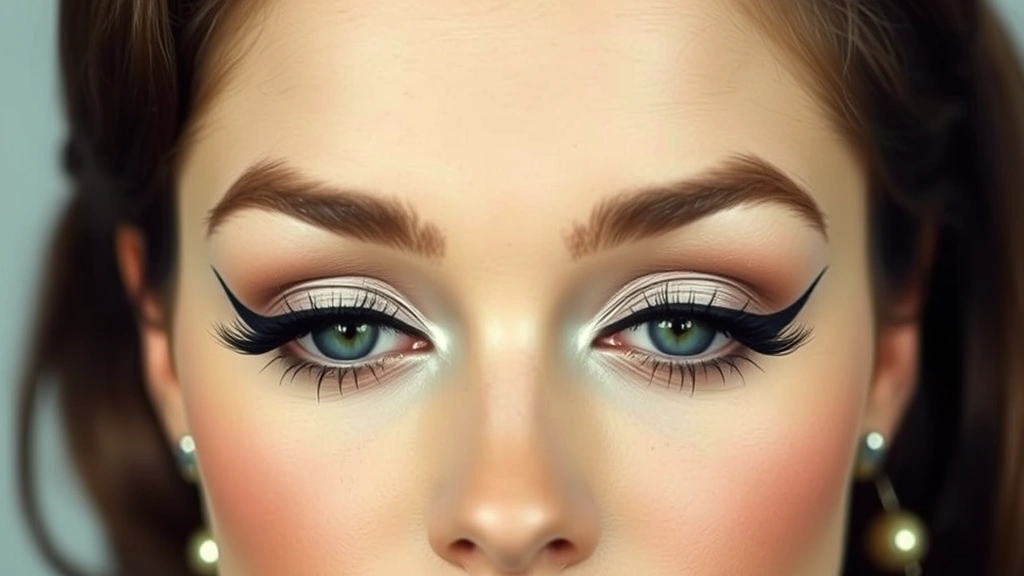 Close-up of dramatic 1960s mod eye makeup featuring sharp black graphic eyeliner wings, pale eyeshadow, and perfectly groomed eyebrows on flawless skin with natural complexion