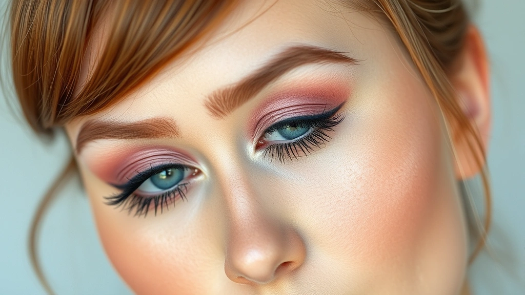 Twiggy-inspired makeup look showcasing exaggerated lower lashes with volumizing mascara, pale pink eyeshadow, defined upper eyeliner, and dewy luminous skin on young female model