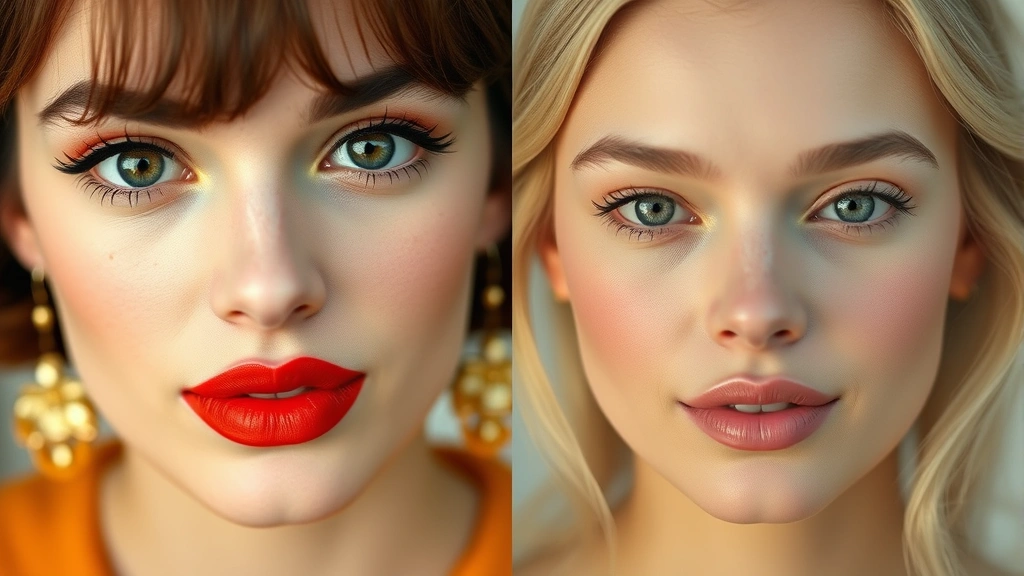 Split-screen comparison of bold colorful 60s lipstick shades including vibrant reds and oranges alongside natural hippie-era minimal makeup with light peachy tones and glowing skin