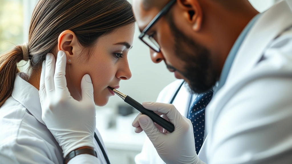 Close-up of a dermatologist examining patient skin during consultation, professional medical setting, natural lighting, detailed skin analysis