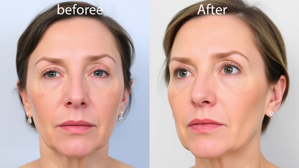 Before and after comparison showing facial rejuvenation results, professional medical photography, clear skin texture visibility, neutral background