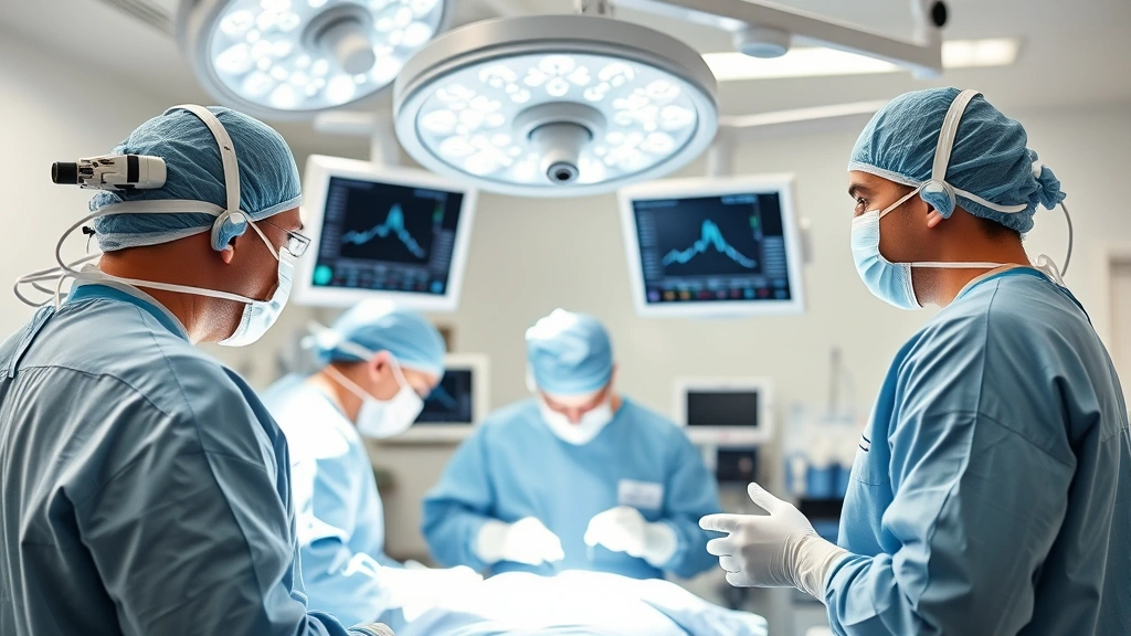Surgical team in operating room with advanced monitoring equipment, focused on safety protocols, sterile environment, professional medical setting