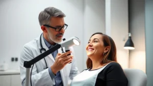 Board-certified dermatologist consulting with patient in modern clinic, examining facial skin with magnification lamp, professional medical setting with soft lighting, patient smiling confidently