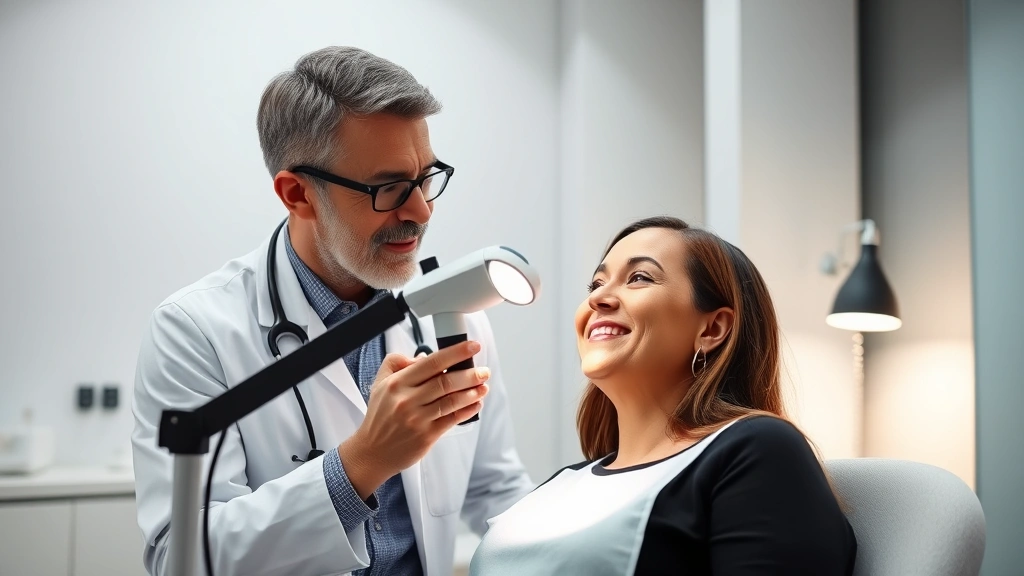 Board-certified dermatologist consulting with patient in modern clinic, examining facial skin with magnification lamp, professional medical setting with soft lighting, patient smiling confidently