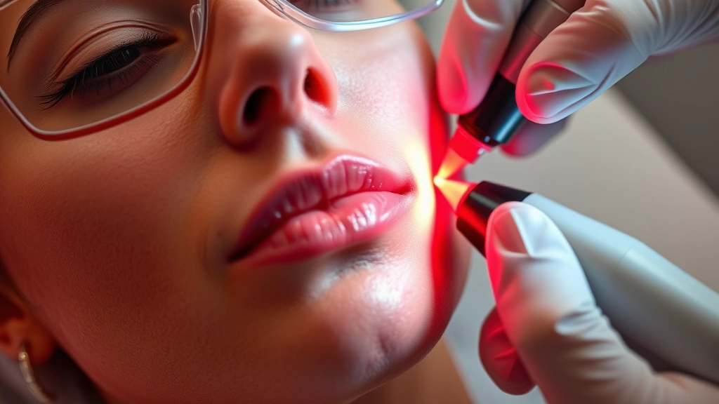 Close-up of laser treatment being performed on face, red laser light targeting skin surface, practitioner's gloved hands operating device, safety glasses visible, sterile clinical environment