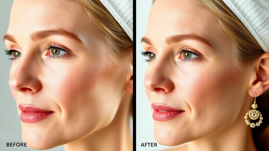 Before and after skincare transformation showing improved skin texture, reduced fine lines, and radiant complexion, professional beauty photography, natural daylight, no text or labels