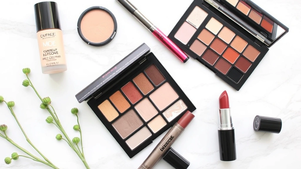 Flat lay of affordable drugstore makeup products including foundation, mascara, eyeshadow palette, and lipstick arranged on white marble surface with green plant stems