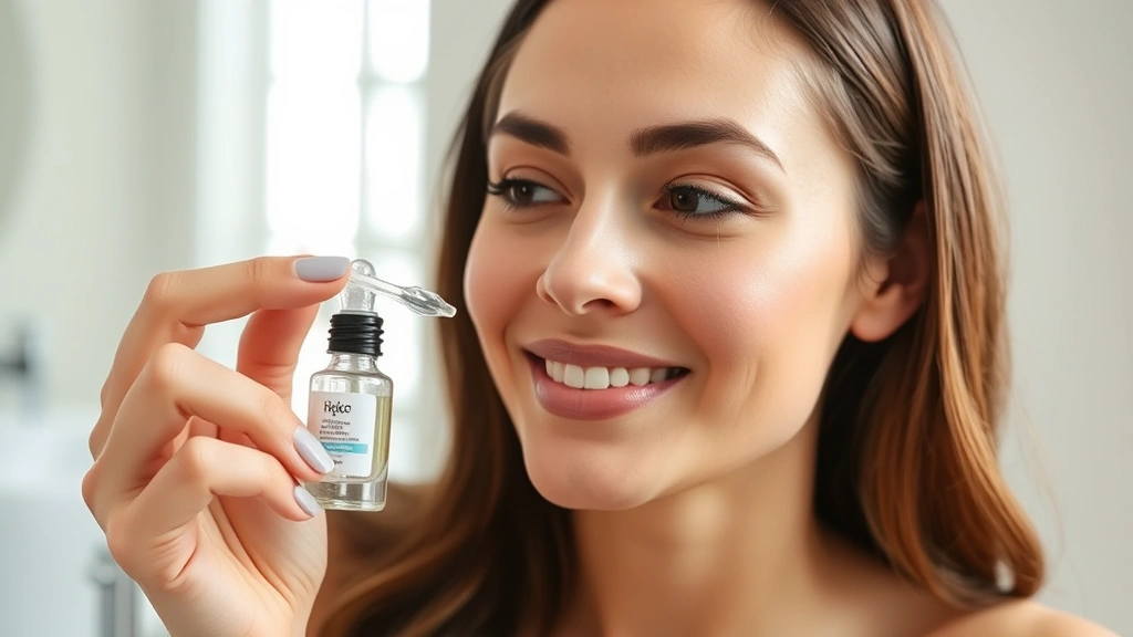 Woman with glowing skin applying affordable skincare serum with dropper, soft natural lighting, minimalist bathroom vanity background, showing skincare routine