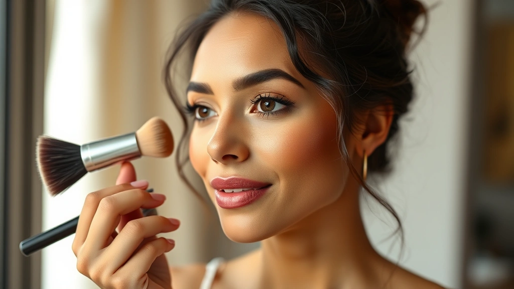 Woman applying budget-friendly foundation with makeup brush, showcasing blendable formula and natural skin finish, diverse skin tone, professional makeup application technique, soft natural lighting