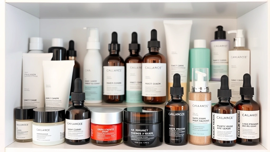 Collection of budget skincare bottles and jars including moisturizer, cleanser, and serums in organized skincare shelf display, professional product photography