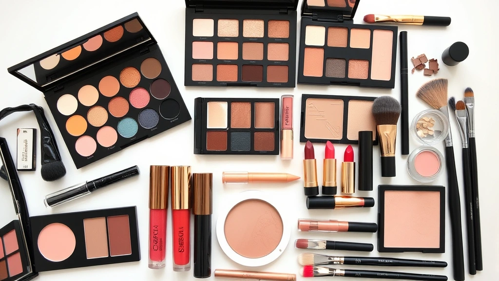 Organized makeup collection featuring affordable brand palettes, lipsticks, and brushes in aesthetic arrangement, minimalist styling, flat lay composition with makeup products arranged by color families