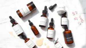 Flat lay of skincare products arranged on white marble surface with droplets of serums and moisturizers, minimalist aesthetic, natural lighting highlighting product textures and consistency