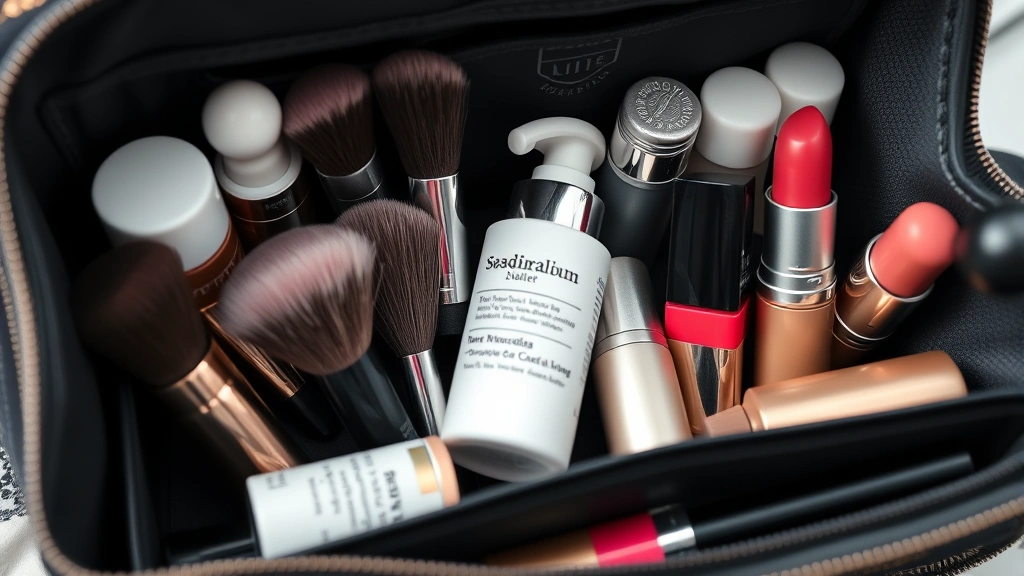 Close-up of organized cosmetic bag interior with neatly arranged makeup brushes, skincare bottles, and lipsticks in compartments, natural studio lighting, professional beauty storage setup, no text or labels visible