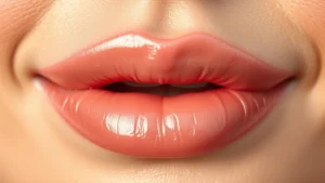 Close-up of full, glossy lips with natural peachy-pink tone, soft morning light, dewy finish, no text or labels visible, photorealistic skin texture
