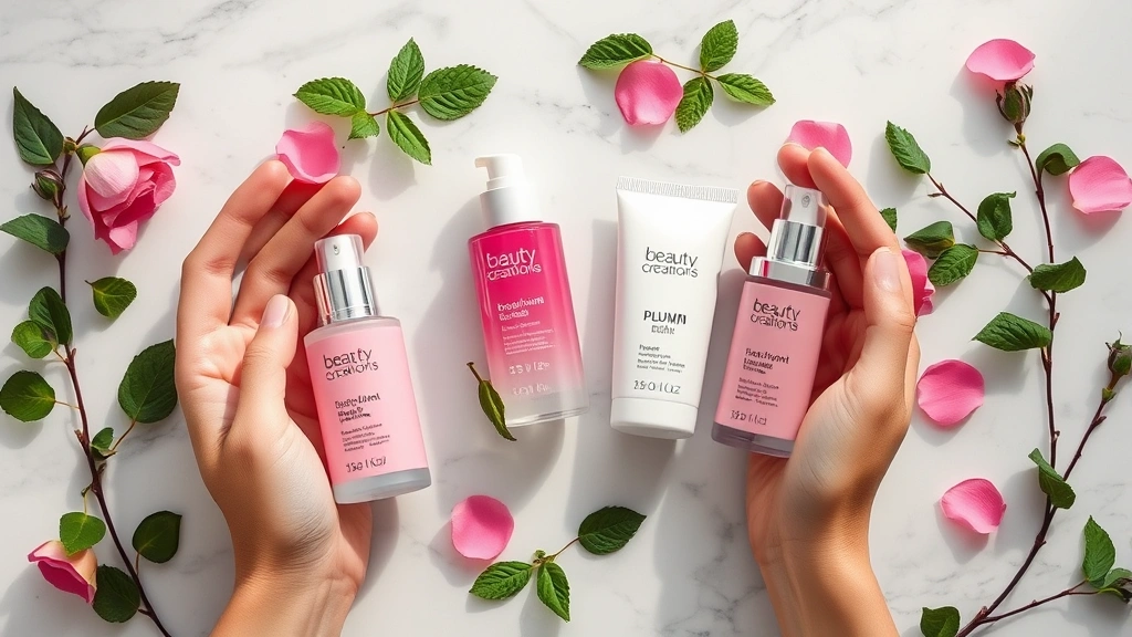 Hands holding Beauty Creations Plump products arranged artfully on marble surface with fresh botanical elements like mint leaves and rose petals, professional lighting, clean minimalist composition