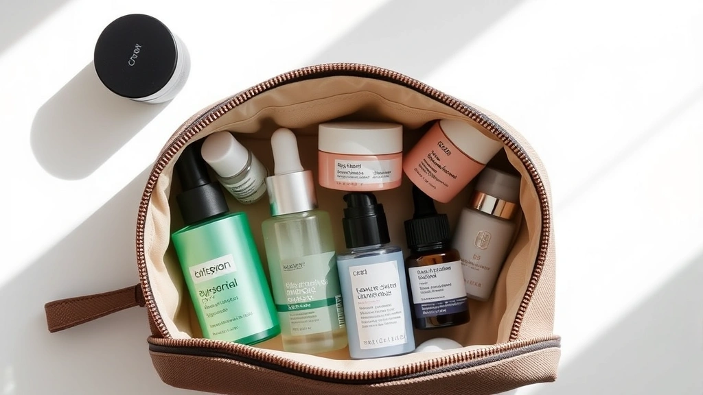 Flat lay of organized cosmetic bag interior showing skincare bottles, serums, moisturizers, and beauty products neatly arranged in compartments, overhead view, natural lighting, minimalist aesthetic