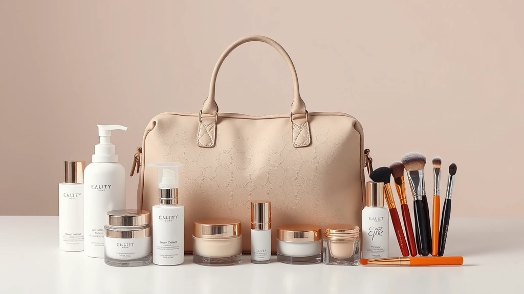 Luxury cosmetic bag in neutral color photographed with full-size skincare bottles, glass jars, and makeup brushes arranged beside it, showcasing capacity and professional quality materials