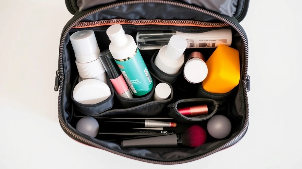 Packed cosmetic bag with visible zippered compartments and organized sections containing various beauty products, demonstrating functional design and storage efficiency for travel