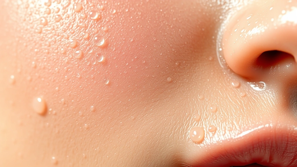 Close-up of dewy, hydrated skin with visible radiance and plumpness, water droplets on skin surface, natural lighting highlighting skin texture, fresh and glowing complexion