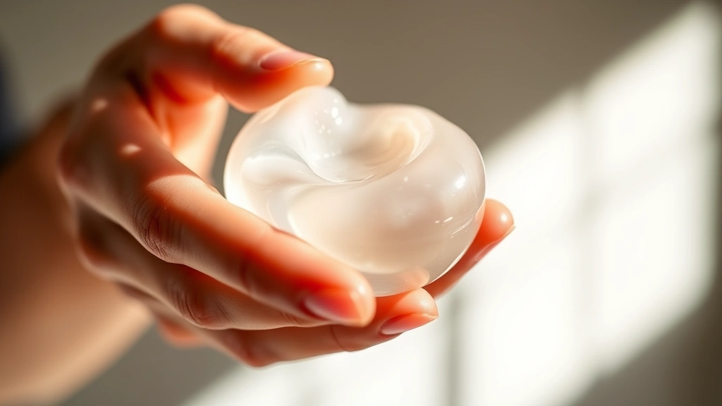 Hands holding translucent gel-cream product with bouncy, jiggly texture, product catching light, showcasing the unique consistency between gel and cream, professional beauty photography