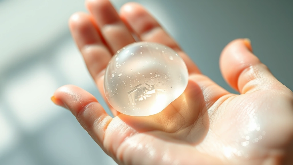 Close-up of bouncy gel texture being spread on palm, light refracting through clear formula, moisturizer glistening