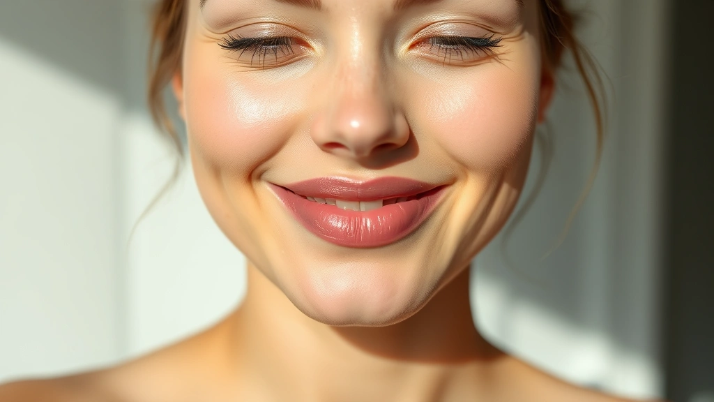 Person with visibly plump, glowing skin after skincare routine, radiant complexion with healthy sheen, no visible pores, natural daylight