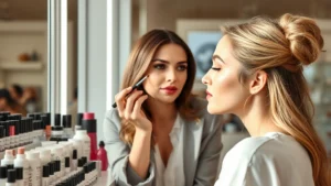 Professional woman applying Benefit makeup at cosmetics counter, natural lighting, demonstrating product application with focus on brow product, vibrant beauty setting
