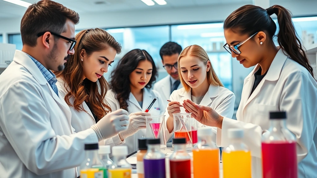 Diverse team of cosmetic chemists in modern laboratory examining color cosmetic formulations, pipettes and beakers visible, collaborative scientific environment, professional attire