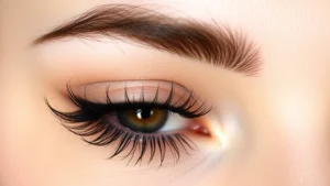 Close-up of perfectly curled, lifted black lashes with glossy mascara finish against fair skin, showing definition and volume without clumping, natural lighting highlighting individual lash separation