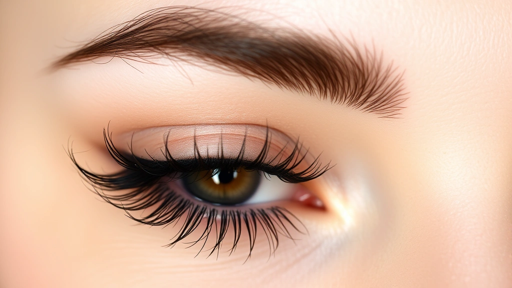 Close-up of perfectly curled, lifted black lashes with glossy mascara finish against fair skin, showing definition and volume without clumping, natural lighting highlighting individual lash separation