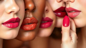 Close-up of diverse lipstick swatches on various skin tones, showing rich pigmentation and finish variety, natural lighting, professional beauty photography