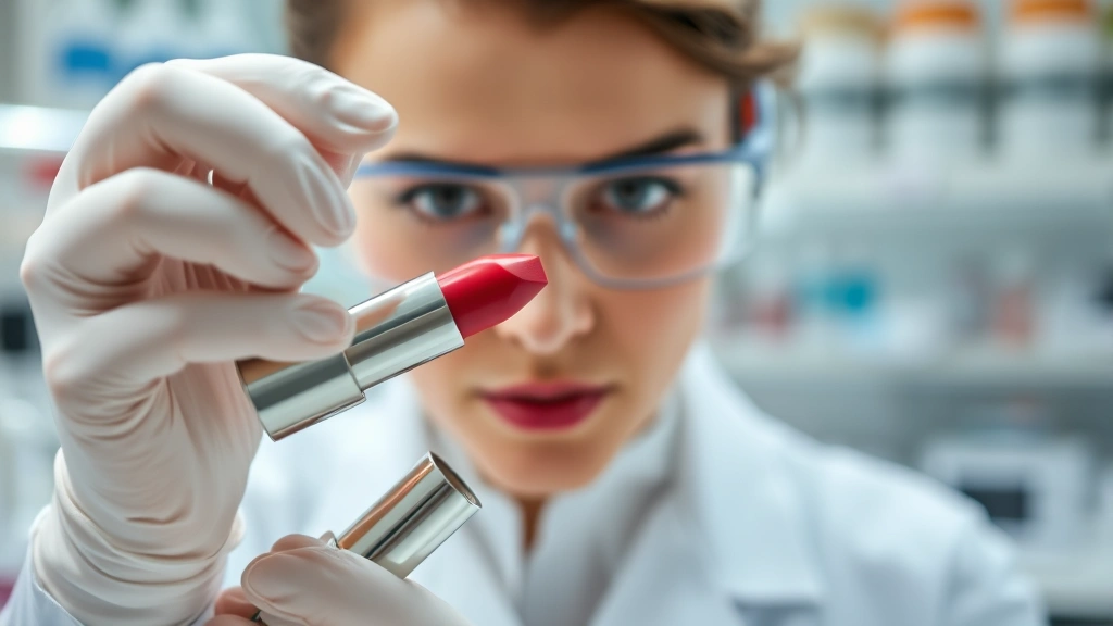 Cosmetic chemist examining lipstick formulation ingredients in laboratory setting, magnified view of formula texture and consistency, scientific aesthetic