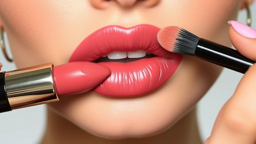 Luxury lipstick application demonstration showing precise brush technique and blended finish on full lips, professional makeup artistry, detailed texture