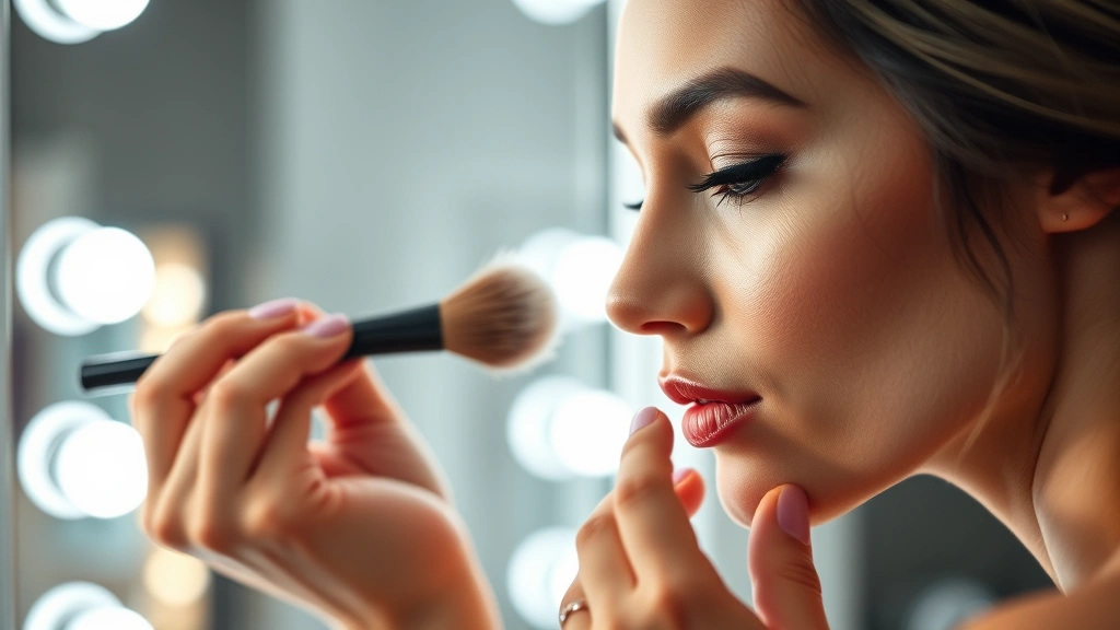 Close-up of woman applying foundation with precise brush strokes in front of a bright LED-lit vanity mirror with warm and cool light settings visible, professional makeup lighting studio setup