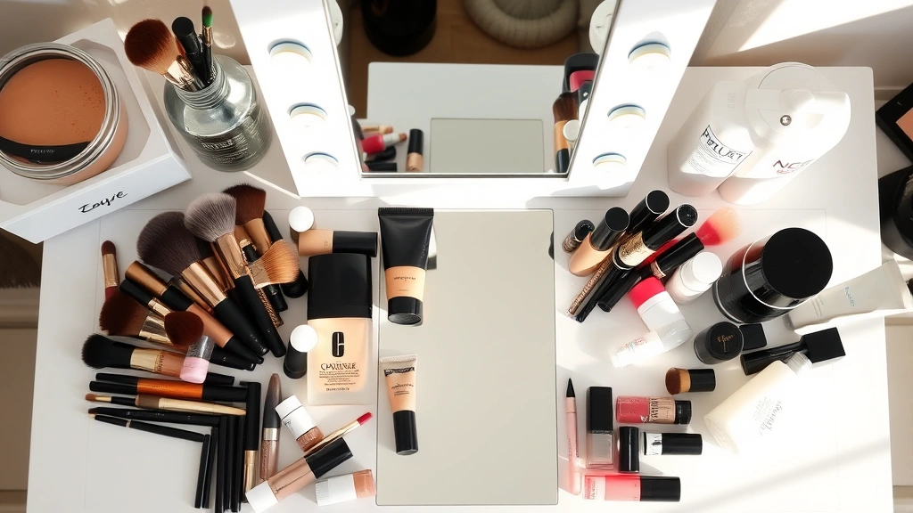 Overhead view of organized makeup vanity with an illuminated lighted mirror surrounded by brushes, foundations, and skincare products in natural daylight, showing mirror reflection clearly