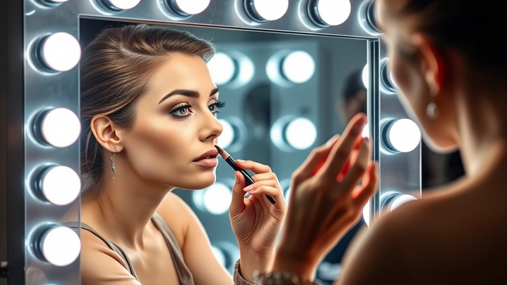Beauty expert demonstrating eye makeup application at a Hollywood-style lighted mirror with multiple LED bulbs, showing magnified detail work and perfect lighting on face and hands