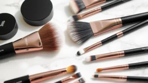 Close-up flatlay of BH Cosmetics makeup brush collection arranged by type on white marble surface with soft natural lighting, showing synthetic and natural bristle brushes in various sizes for foundation, eyeshadow, and powder application