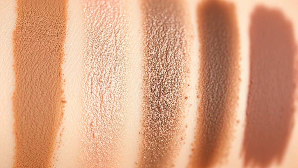 Detailed macro photography of eyeshadow palette swatches displaying matte and shimmer finishes in neutral browns and taupes with smooth, even color application on skin