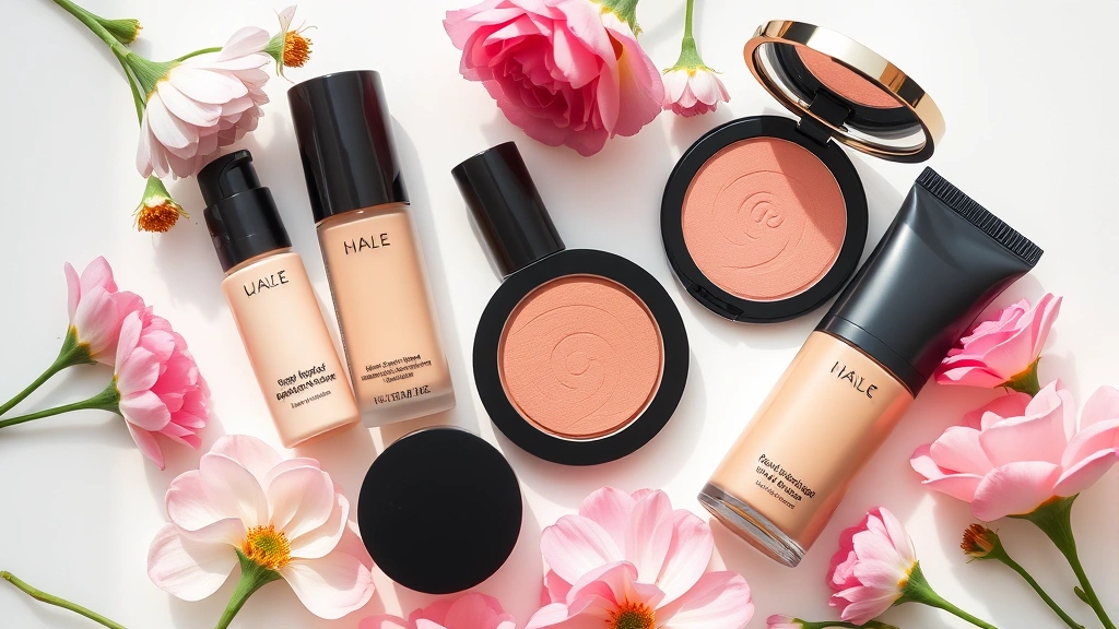 Beauty flat lay featuring concealer, blush, and foundation products arranged artfully with fresh flowers and natural lighting, no visible packaging text or ingredient lists