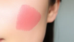 Close-up of peachy pink blush swatch on fair skin tone showing vibrant pigmentation and smooth texture application