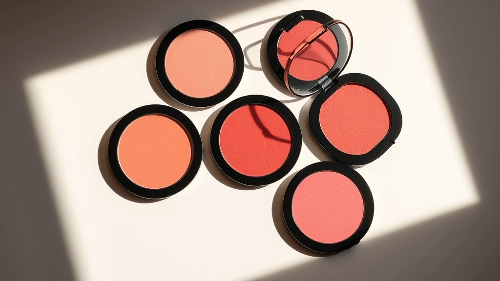 Beauty flat lay displaying five Kylie Cosmetics blush compacts in warm, cool, and neutral undertones with professional lighting