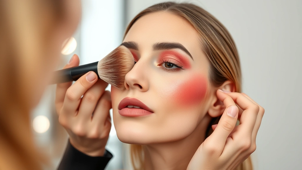Makeup artist blending warm coral blush onto medium skin tone using fluffy brush demonstrating seamless gradient technique