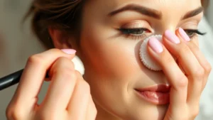 Professional makeup artist carefully blending full-coverage bridal foundation onto bride's face using damp beauty sponge, natural lighting, close-up of flawless complexion