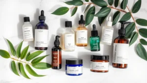 Flat lay of budget-friendly skincare bottles and jars arranged on white marble surface with green plant leaves and soft natural lighting, minimalist aesthetic, beauty products photography