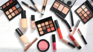 Flat lay of diverse makeup products including foundation bottles, eyeshadow palettes, mascaras, and lip colors arranged on white marble surface with natural morning light, vibrant pigments visible, no text or labels