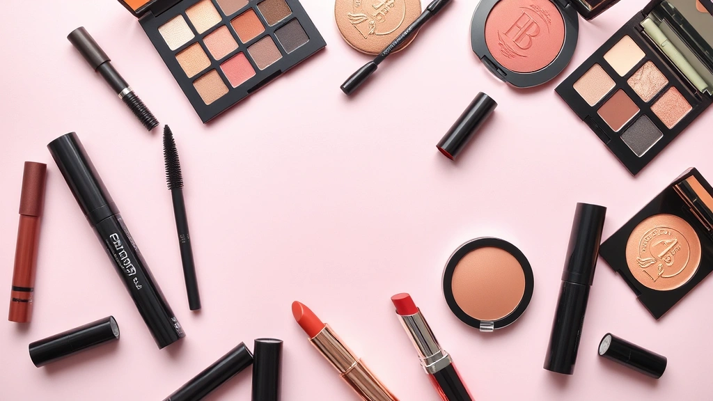 Flat lay arrangement of colorful affordable makeup products including mascaras, eyeshadow palettes, lipsticks, and blush compacts on a soft pink background with natural lighting, no text or labels visible, professional beauty photography style