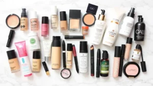 Diverse group of affordable drugstore cosmetic products arranged on white marble surface, including foundations, mascaras, and skincare bottles in various shades and colors, natural lighting, high resolution product photography